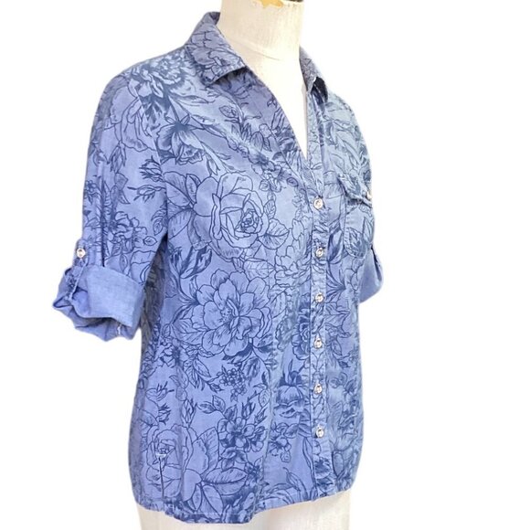 Karen Scott Button-Up Roll Tab Top 100% Cotton Floral Sz S Blue 142C - Picture 2 of 8